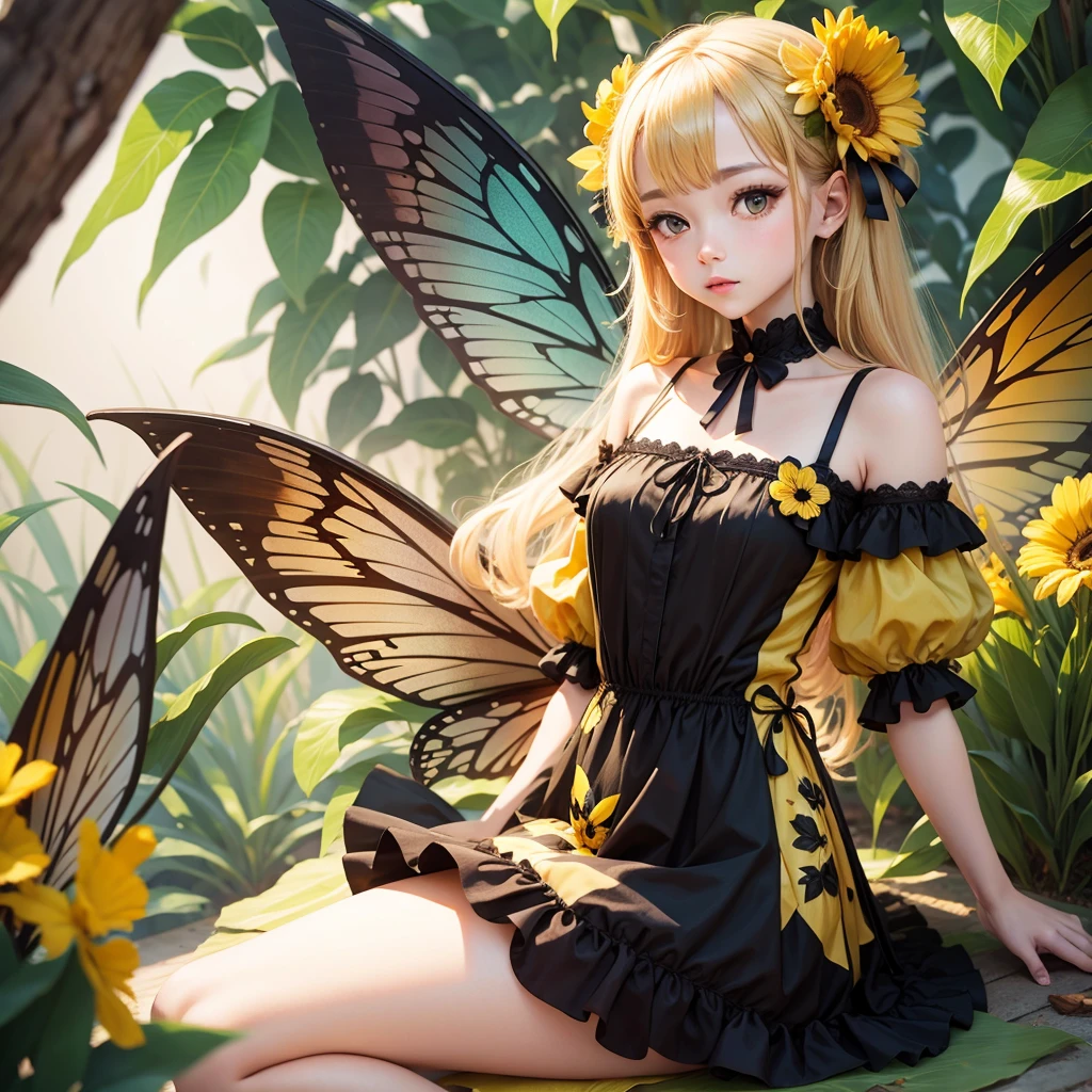 cute bee girl flower transparent wings bee leaf yellow and black clothes fairy