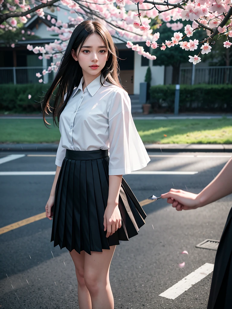 1girl, black skirt, branch, building, chain-link fence, cherry blossoms, fence, long hair, outdoors, petals, pleated skirt, rain, shirt, short sleeves, skirt, solo, standing, tree,
sky,street,Raw, cinematic shot, (sharp focus:1.5), (photorealistic:1.4), twilight lighting, volumetric lighting, ultra high res, 16K,dramatic lighting,