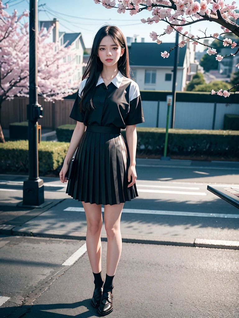 1girl, black skirt, branch, building, chain-link fence, cherry blossoms, fence, long hair, outdoors, petals, pleated skirt, rain, shirt, short sleeves, skirt, solo, standing, tree,
sky,street,Raw, cinematic shot, (sharp focus:1.5), (photorealistic:1.4), twilight lighting, volumetric lighting, ultra high res, 16K,dramatic lighting,