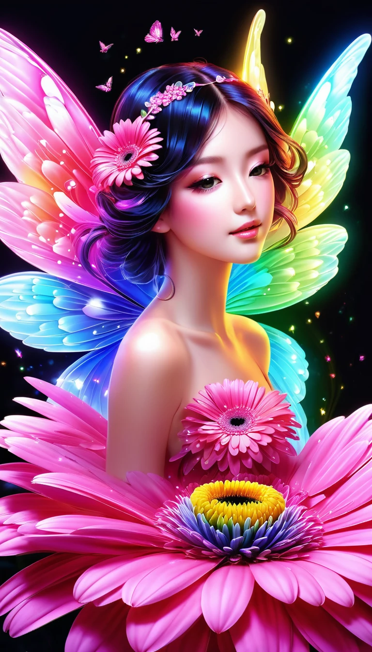 Made by AIS-RCN, 8K Photo, "words, Three pink gerberas, Get out of the jewel, Transform your thoughts into delicate works of art.", Supple, Black light、A cute fairy with rainbow wings is flying around a gerbera daisy