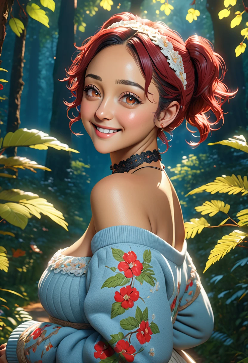 masterpiece, best quality, highly detailed, 1girl, solo, twintails, off-shoulder sweater, cherry red hair. choker, jacket, hairband, looking at viewer, smile, blush, Wide Smile, Eyes Detailed & Wide, sexy Pose. Ultra HD, Rococo-Inspired Fantasy Art With Intricate Details. Cute, Charming Expression, Alluring-Gaze, looking at viewer Beautiful Eyes, An-Ideal-Figure. Large Youthful Well-Shaped-Breasts, Massive-Round-Bosom, Décolletage. slim waist, fit body, full lipsWarm lights , woman in a dreamy forest at night, with fluffy hair, delicate face, realistic, real, slim, large aperture, sexy shots, attractive poses,Stunnin gly beautiful merge of Ruth Negga symmetrical face, photorealistic, photography, path tracing, specular lighting, volumetric face light, path traced hairmaximum quality{(masutepiece) (8K High Resolution) (top-quality) In the style of breath of the wild.