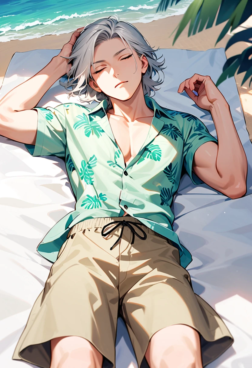 A man, 19-years-old, solo, Caucasian, mature face, short tousled white hair, eyes closed, sleeping, light pale green Hawaiian shirt, short sleeves, khaki shorts, beach, lying on a towel