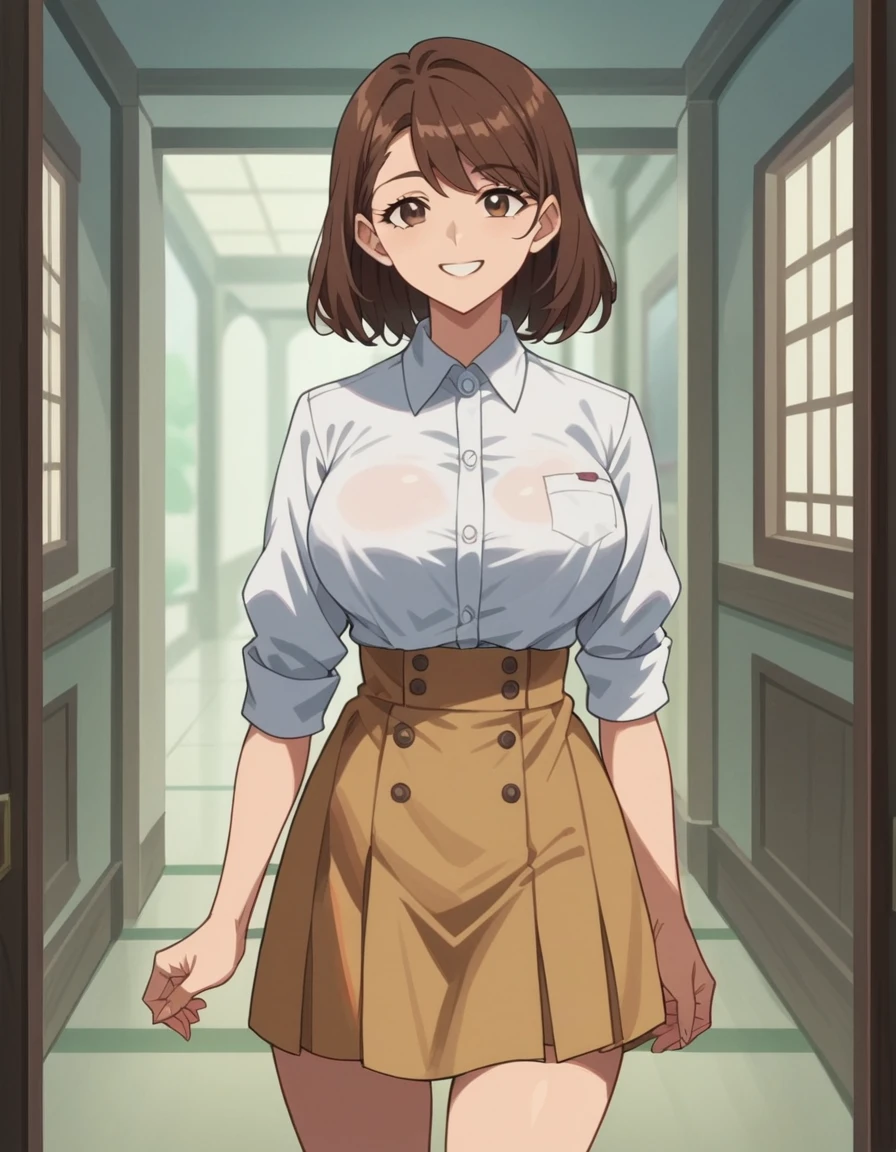 score_9, score_8_up, score_7_up, source_anime, anime screencap, 1girl, brown hair, medium hair, big breasts, skirt, standing, smile, cowboy shot, looking at viewer, indoor