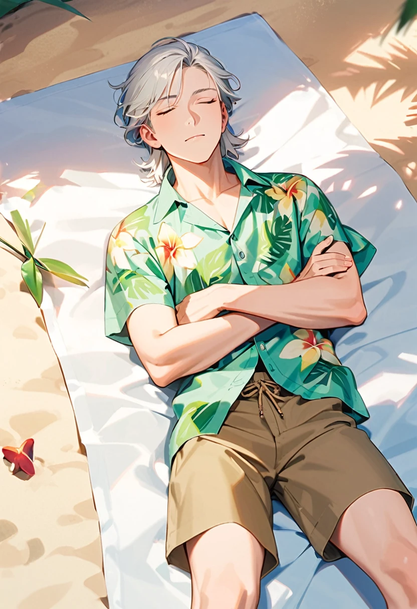 A man, 19-years-old, solo, Caucasian, mature face, short tousled white hair, eyes closed, sleeping, light pale green Hawaiian shirt, short sleeves, khaki shorts, beach, lying on a towel