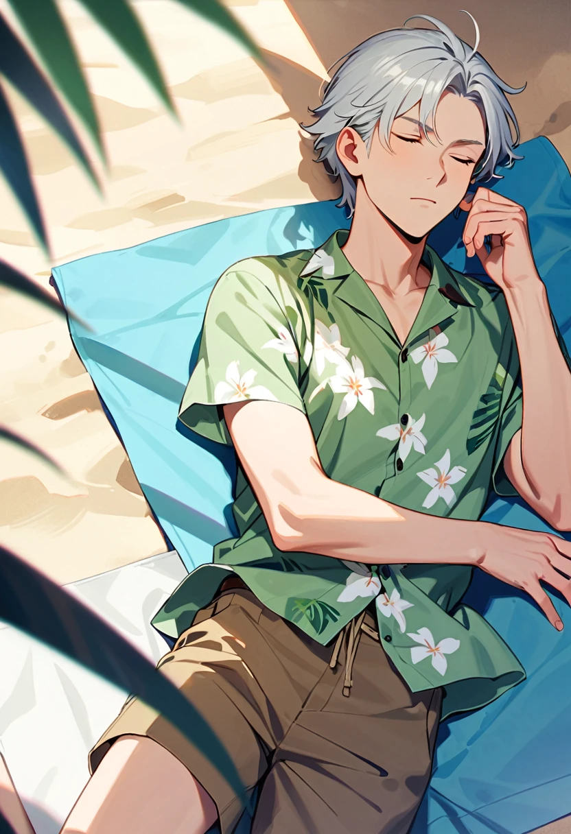 A man, 19-years-old, solo, Caucasian, mature face, short tousled white hair, eyes closed, sleeping, light pale green Hawaiian shirt, short sleeves, khaki shorts, beach, lying on a towel