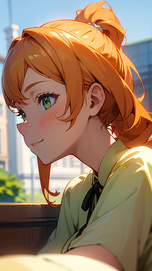 1girl、blonde、Orange Hair、ponytail、Beautiful green eyes、smile、profile、Face close-up、Morning Cafe Terrace、Background blur, Written boundary depth