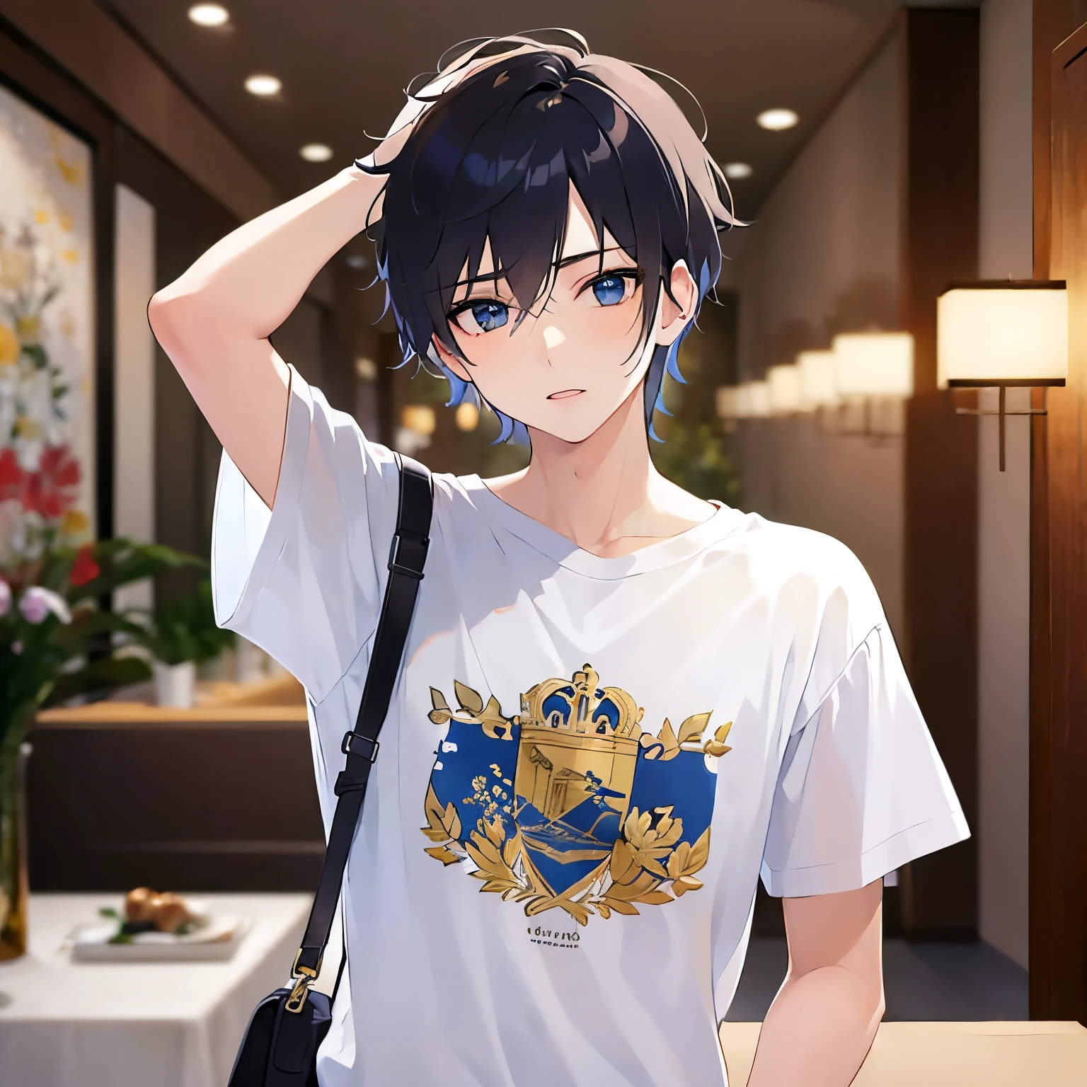 (25-year-old male:1.5) and (Black short hair) and (blue eyes),upper body, shiny skin, masterpiece、Highest quality、 (white) and (T-Shirts)、 The background is the dining room at night、hand on hip、hand behind head、expressionless
