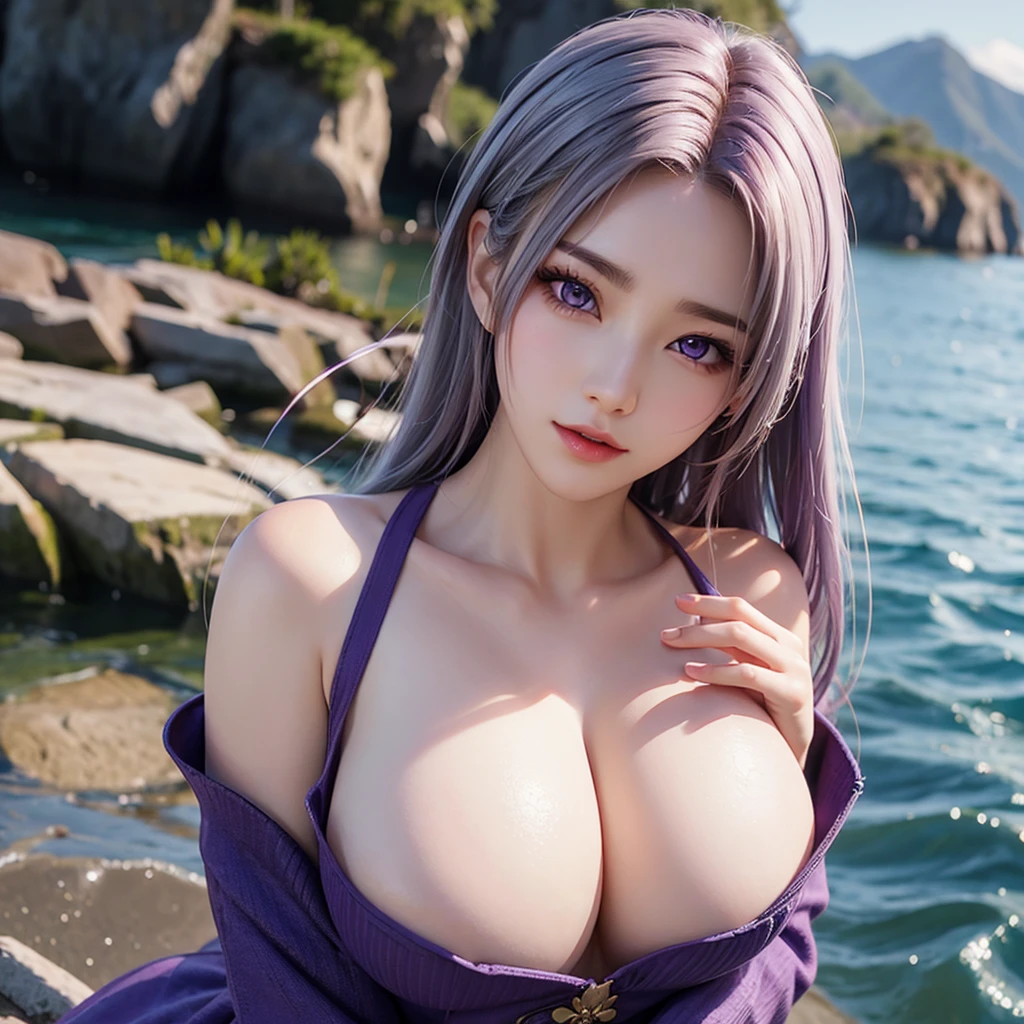 Korean beauty,Huge breasts:1.9,Cleavage can be seen,White hair,Medium long hair,8K,No underwear,Purple breast patches,Casual sexy poses,Breasts showing through underwear,Nipples can be seen,Extremely detailed chest,Full breast contour,Front lighting,Extremely detailed face,Pure skin,Exposing the lower breast:1.5,Standing by the sea,Real portrait,Purple Eyes