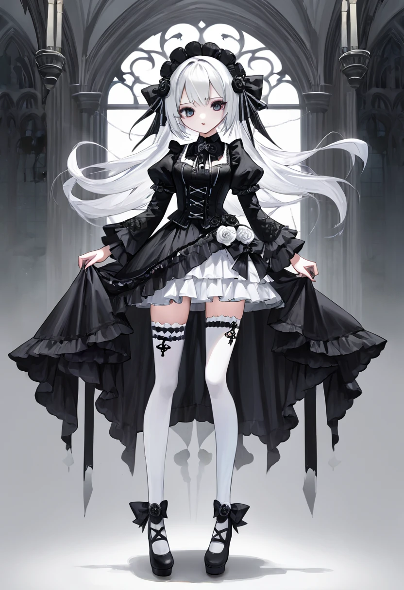 Masterpiece,  high detailed, white hair, gothic lolita, full body, standing, white thighhighs,