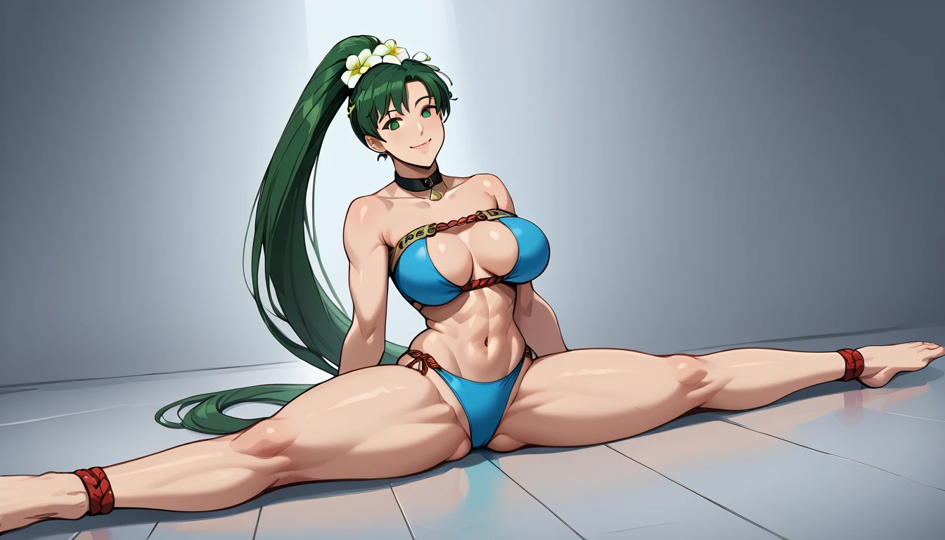 sumLyn, green hair, high ponytail, hair flower, choker, blue bikini, strapless, cleavage, waist rope, One girl, An athletic body, Sitting, On the floor, Split Horizon, stretch, horizontal splits, smile, stretch regs