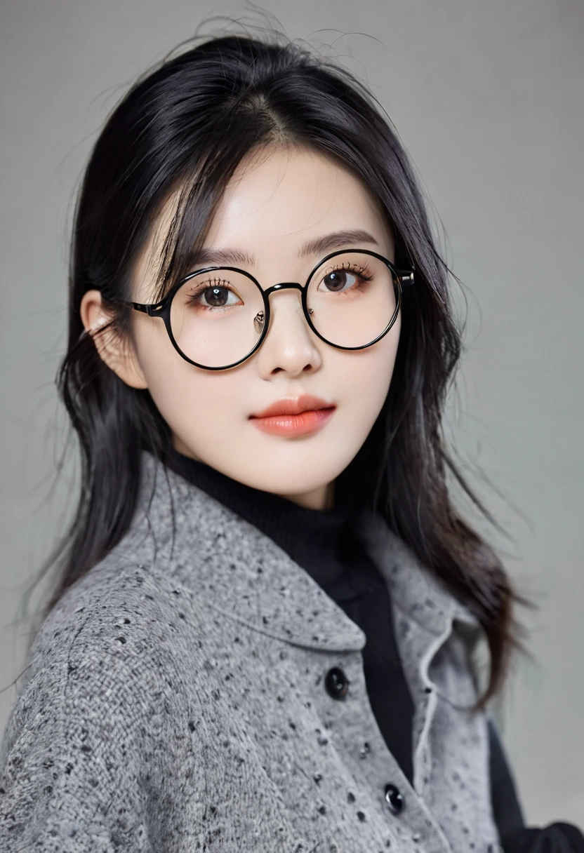 The face is a Chinese girl，Wearing round glasses with black frames