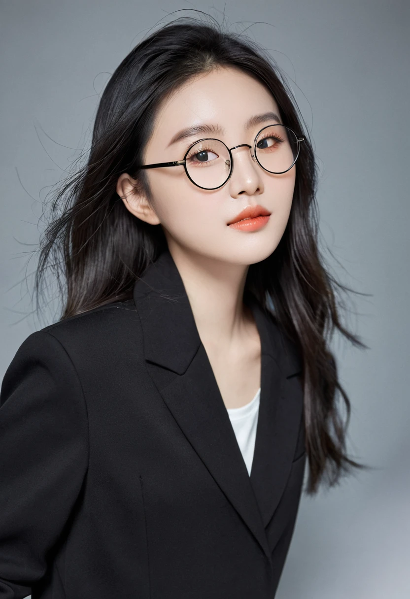 The face is a Chinese girl,Wearing round glasses with black frames