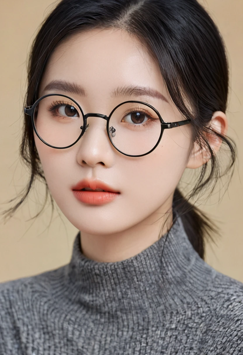 The face is a Chinese girl，Wearing round glasses with black frames