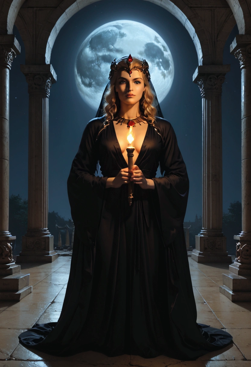 charachter: Hecate, Greek goddess, with their traditional costumes (long robe, veil, torch and dagger). scenario: Open-air temple with classical Greek columns, in Doric or Ionic style. The floor of the temple is covered in gently flowing shallow waters. elements: Big and bright full moon in the night sky, posicionada atrás de Hecate. Moonlight rays illuminating the scene and creating an ethereal effect. Long, dramatic shadows cast by temple columns. Expressão facial de Hecate serena e poderosa, conveying your divinity and connection to the supernatural world. styled: realisitic, with vivid details and dramatic lighting. Emotion: mystery, power and connection with the divine. Additional Detail: The water flowing across the temple floor can glow silvery in the moonlight. Hecate pode estar segurando sua tocha acesa, creating a contrast with the darkness of the night. Animais associados a Hecate, as dogs, owls or bats, may be present in the scene. Symbols related to the goddess, like the moon, the crossroads or the grenade, can be incorporated into the image.