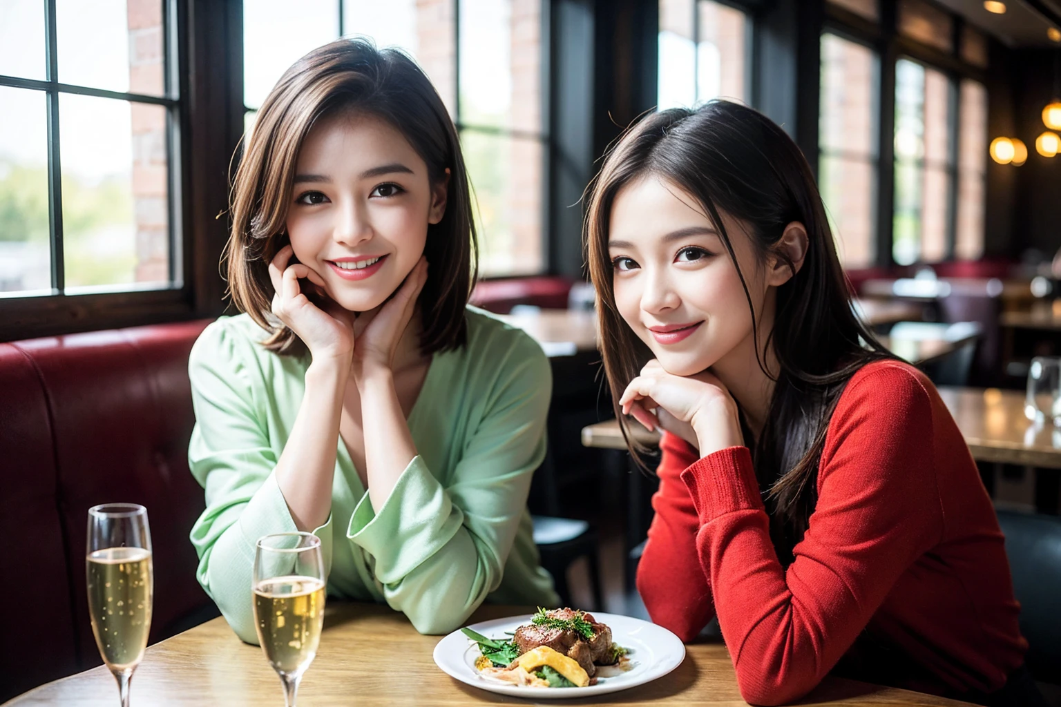 ((Highest quality、8K、masterpiece:1.3))、cute、slimカップル、modelカップル、actress男優、(Realistic, Intricate details:1.2), full-course dinner、Wine Party、Amazing view of the sunset sky and clouds、A bright smile、short hair,Bright Face、 (Age 45), 42 years old, red wine 、Appetizers、Italian food、Wine bottle、Champagne、sparkling wine、Two beauties、Brown Hair、Shortcuts、Long sleeve shirt、dress、Beautiful woman 1, (slimな顔), (The body is slim), (Brown Hair), (Shortcuts), cheeks turn a little red,Attractive beauty、restaurant, In a prominent place (From the waist up) Nova Frog Style, actress, model, Upper Body, White wine, slim, wine glass, 中央に置かれたwine glass, smile, (smile: 1.15), Beautiful fine grain, Depth f/2,saturation, High Contrast, Strong light and shadow,Moist Body:1.5、3D texture、Delicate eyes、Brown Hair、The hair is very shiny、