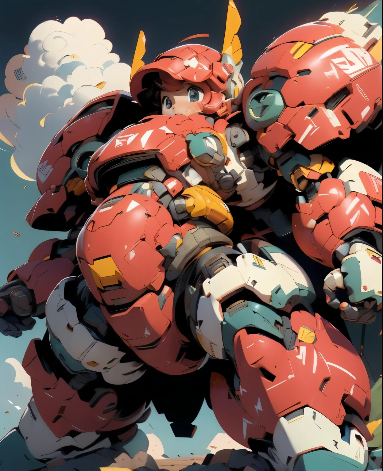 (((1 chibi girl in large red-colored robot costume, from below))), (holding weapons), (chibi), (bulky:1.8), (((helmet:1.5))), (((looking down:1.4))), large cute face, mechanical parts, ((mechanical wings)), (full armor:1.8), (mecha armor:1.8), (shoulder guards:1.2),(huger arms), ((mechanical arms:1.5)), (short legs), (huger body:1.8), (heavy equipment:1.6), (from below), (headgear), blue sky, white clouds, robot joints, becoming a mecha, mecha, (RARS), (HRS), ROBOTANIMESTYLE, BJ_Cute_Mech,cute, girl BREAK ((masterpiece)), vibrant colors, 8k, best quality, ultra detailed illustration, ((best quality)), ((high resolution)), flawless skin textures, shiny oiled skin, extremely detailed anime eyes , extreme light and shadow