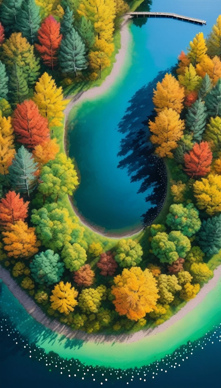 The art of dot painting:Flat Wind,Top view ,Aerial View,Aerial Photography,Colored Forest,lake