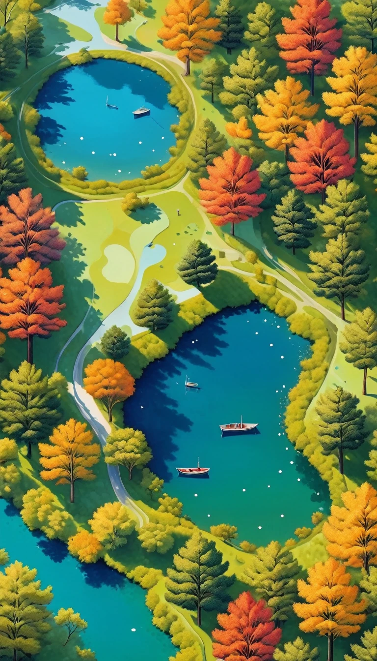 The art of dot painting：Flat Wind，Top view ，Aerial View，Aerial Photography，Colored Forest，lake