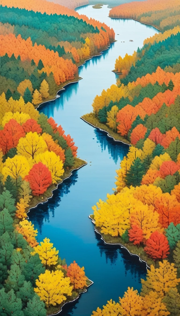 The art of dot painting：Flat Wind，Top view ，Aerial View，Aerial Photography，Colored Forest，lake