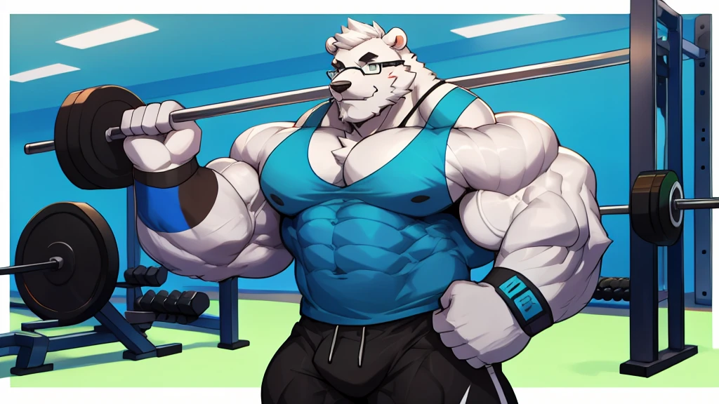 solo, 1boy, Huge Muscular White Polar Bear wearing glasses, huge white fur, pectoral, huge pectoral, wide pectoral, short white hair, blue colored short pants, blue colored wristbands and blue colored tank top, white bearded, white Mustache, white fur, black eyebrows, gym fitness center background, masterpiece, high detailed, 8k, high resolution, at the gym, flexes huge thorax, looking at the viewer, acting all hunk