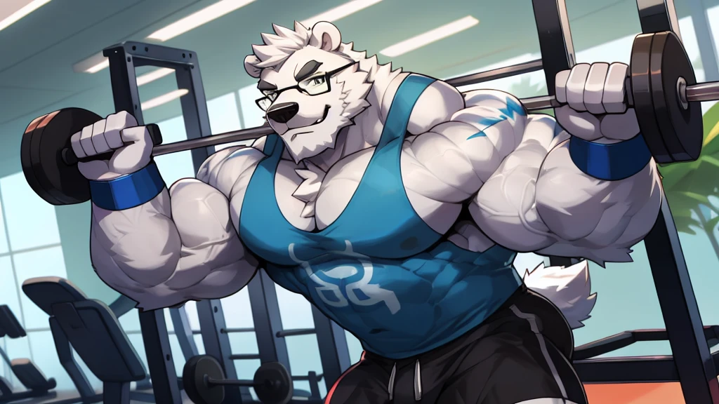 solo, 1boy, Huge Muscular White Polar Bear wearing glasses, huge white fur, pectoral, huge pectoral, wide pectoral, short white hair, blue colored short pants, blue colored wristbands and blue colored tank top, white bearded, white Mustache, white fur, black eyebrows, gym fitness center background, masterpiece, high detailed, 8k, high resolution, at the gym, flexes huge thorax, looking at the viewer, acting all hunk