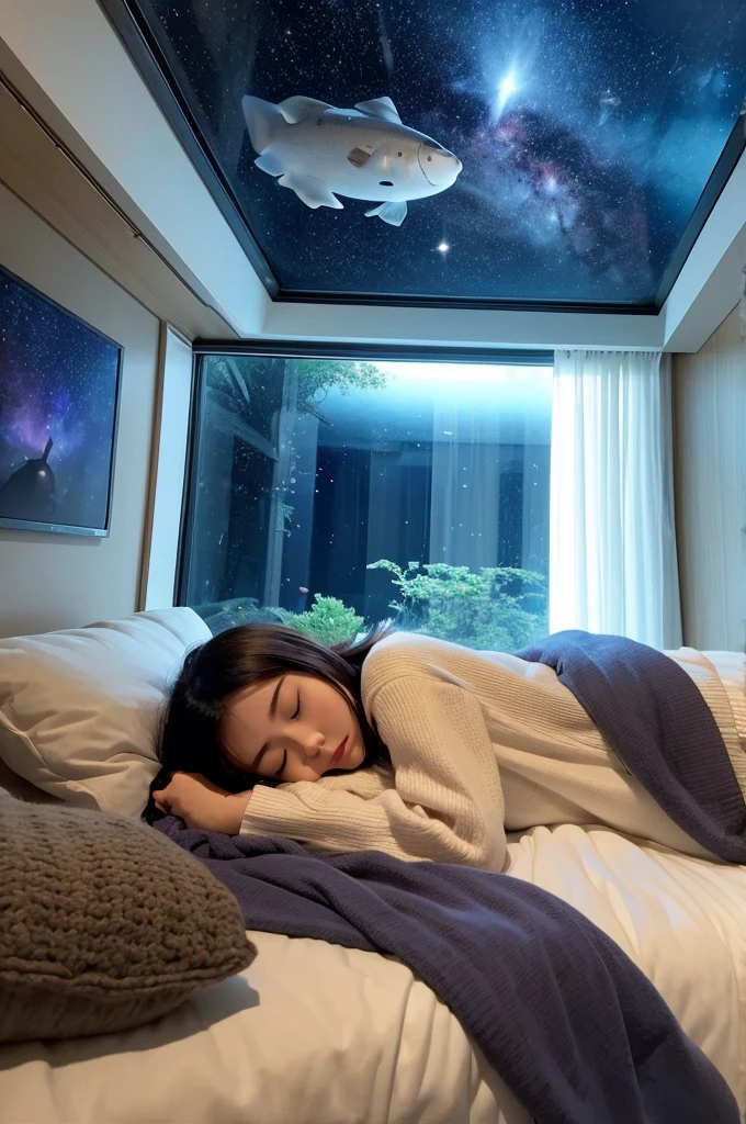 Spaceship、You can see the space scenery from the window、A window on the ceiling offers a view of the dim starscape of space.、There is a big bed that is over 2 meters long.、carpet、There is an aquarium、You can see the living room in the back、A spacious bedroom with indirect lighting、I'm wearing socks、A young woman in pajamas is sleeping soundly on her bed, tired and with her head sunk in the pillow、He&#39;s sleeping soundly with his back and the back of his head facing me.、Image Generation、Image size is 1792 x 1024 pixels