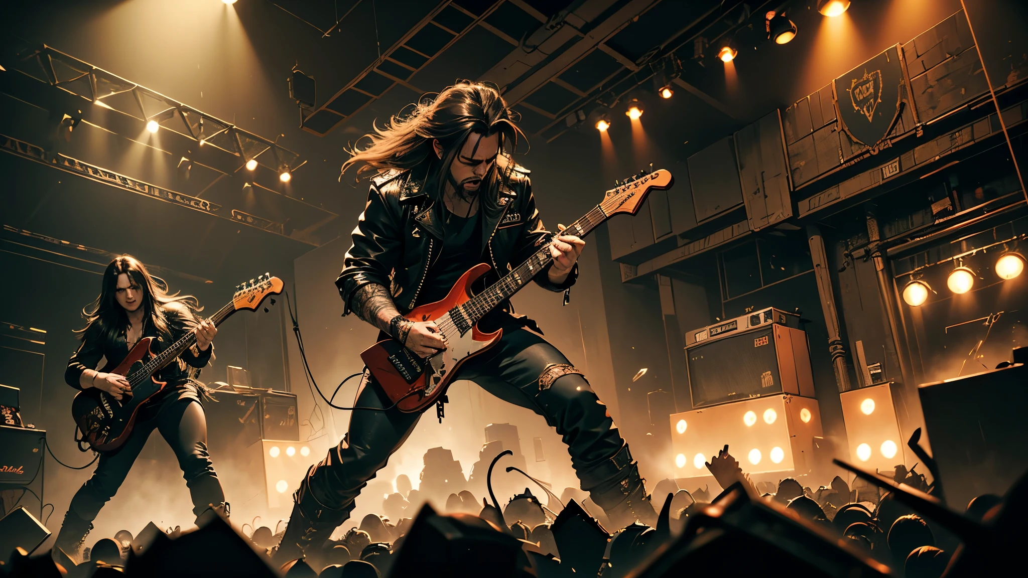 a heavy metal band performing on stage, gritty and intense, lead singer with long hair and leather jacket, guitarist shredding, drummer pounding the drums, dramatic fog and lighting, cinematic and high energy, dark and moody atmosphere, dynamic performance, intense guitar riffs, pounding drums, raw and powerful, masterful musicianship, (best quality,4k,8k,highres,masterpiece:1.2),ultra-detailed,(realistic,photorealistic,photo-realistic:1.37),cinematic lighting, dramatic shadows, hard rock, extreme metal, heavy metal concert, concert photography