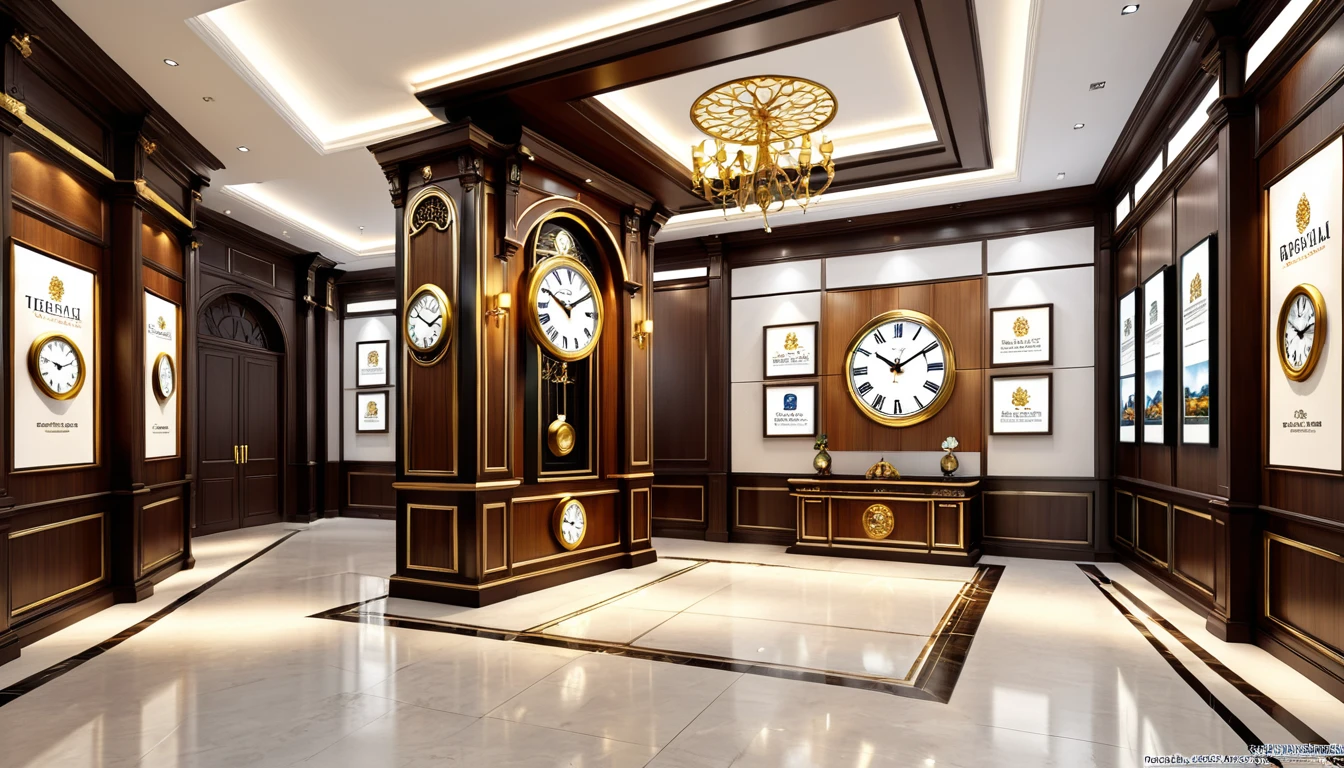 best quality，Interior design master works，3D renderings，Exhibition hall wall，Wall 6 meters wide、2.4 meters high，Wood、leather、Metal trim back panel，English clock tower，photo，Company slogan