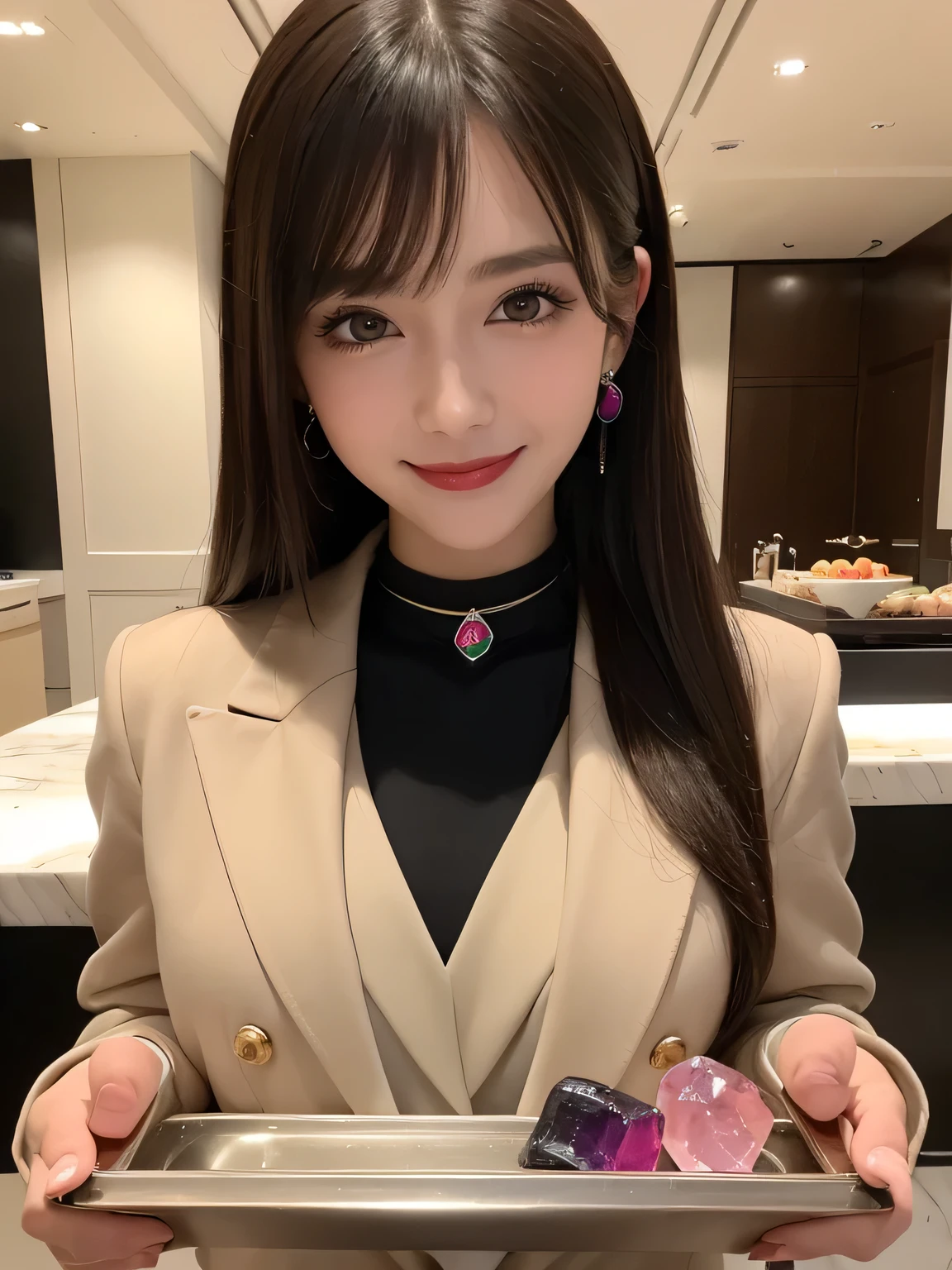 (Highest quality, masterpiece:1.3, Ultra-high resolution), (Very detailed), (Realistic:1.4, RAW shooting), Very detailed,High resolution 16k, Human skin close-up, The skin texture is natural, It must be detailed enough to be easily identifiable, Skin should look healthy and have an even tone, Use natural light and color, ((blazer:1.4)), ((the body is slim)), girl, 18-year-old, cute, Straight Long Hair, Big Breasts, smile, Turn your body forward, (View from the front:1.1), Looking into the camera, focused on the chest, Light brown hair, ((Black Choker)), Very long and bushy eyelashes, blue eyes, bangs、Luxury Hotel Lounge, Marble wall, sofa, ((Gems on a tray, luxurious counter:1.4)), Big Breasts, Red lips, The background is marble wall, Happy expression, smile