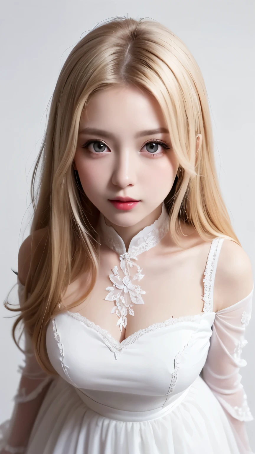 (((shoot from above、forehead、Chubby、Round face、China dress、Ao Dai、race、Frills、Decoration、See-through、White Blonde Hair、Northern Europe、White people、beautiful girl、Blonde、White background、cute、Young、True Face、Shiny Hair、whole body)))、table top, highest quality, figure, super detailed, finely, High resolution, 8k wallpaper, Perfect dynamic composition, detailed and beautiful eyes, Deco out,bionde, medium hair, big breasts, Natural color lip,white background, random cute poses,frill dress