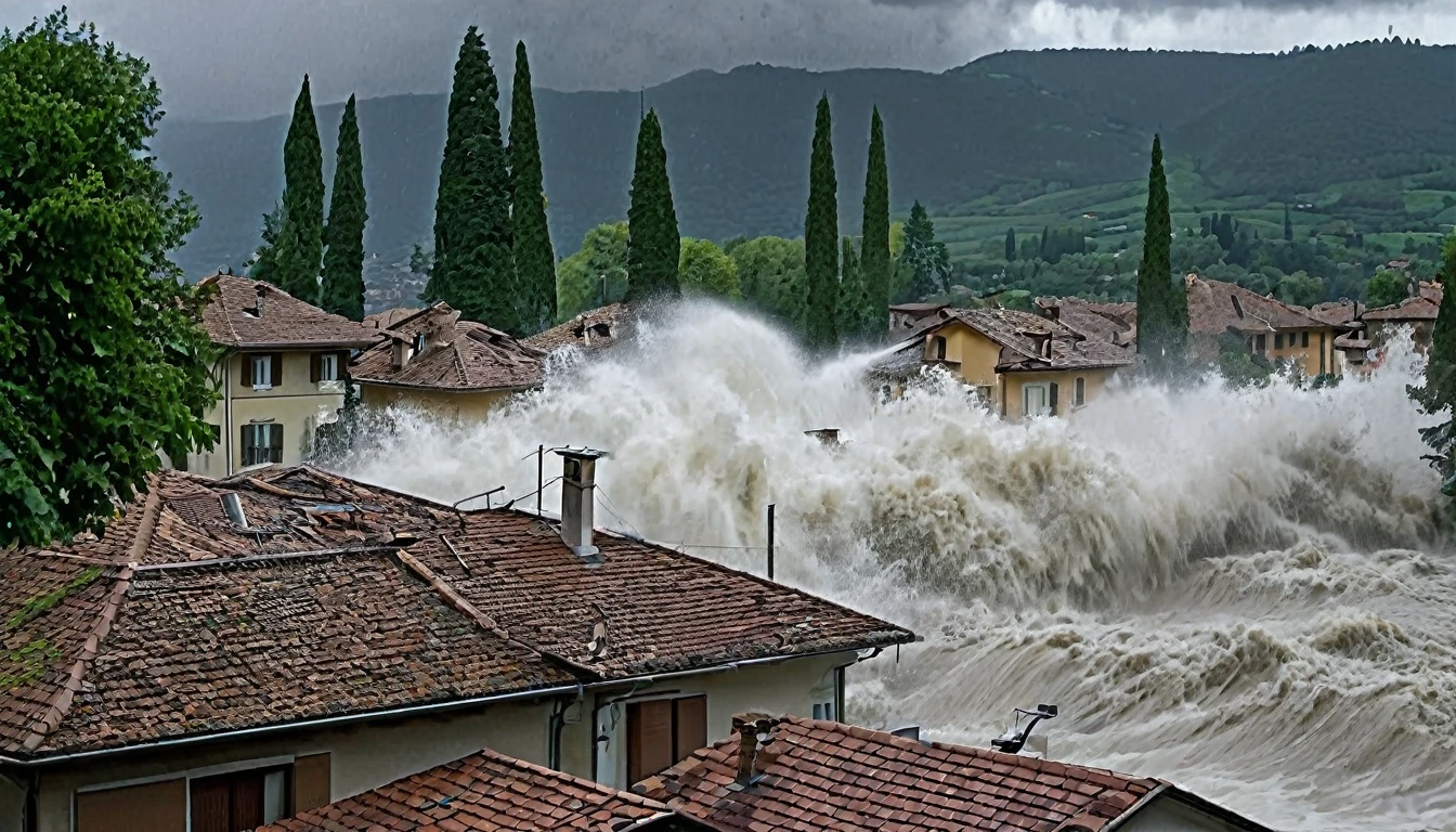 whoa, Dramatic moving image depicts a violent storm knocking down trees, roofing houses and causing flooding in Varese, Italy. It is possible to see bad weather with gusts of wind and destruction. The scenario is one of chaos.