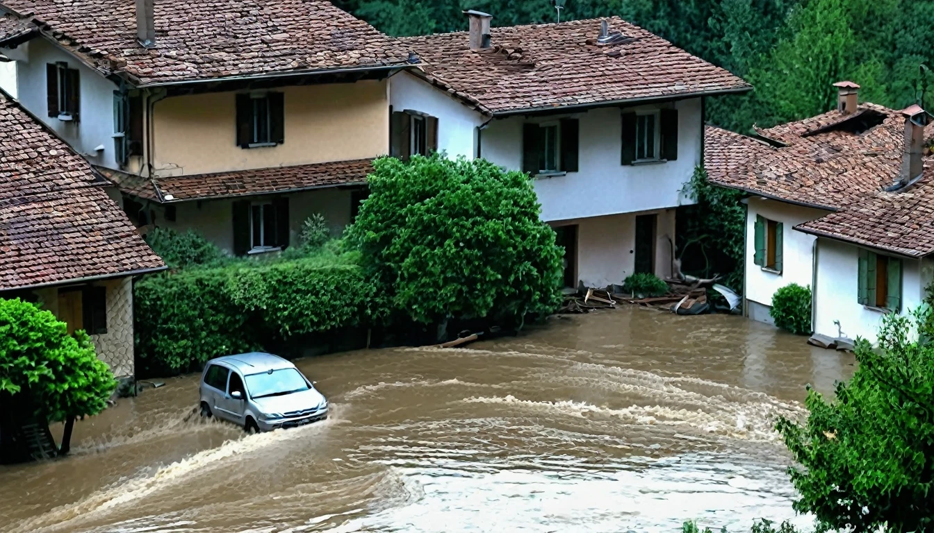 whoa, Dramatic moving image depicts a violent storm knocking down trees, roofing houses and causing flooding in Varese, Italy. It is possible to see bad weather with gusts of wind and destruction. The scenario is one of chaos.