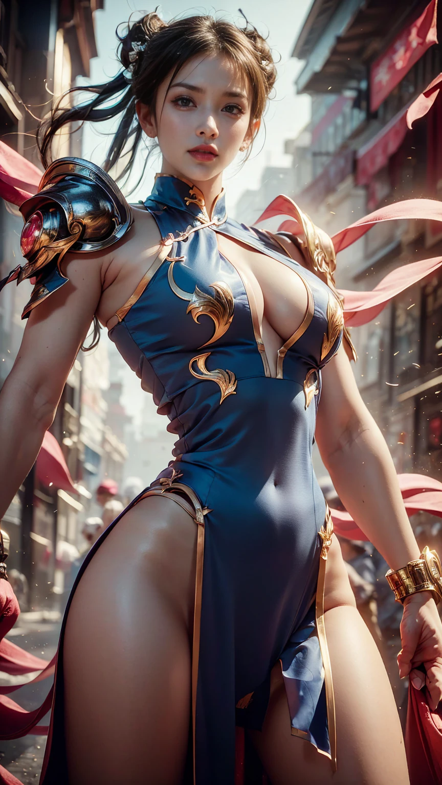 Create a hyper-realistic masterpiece of sexy Chun-Li, Goddess of beauty, she is adorable, has well-shaped lips. She is known for her classic and graceful beauty, defined body with sexy curves, sexy waist, slim leg, the iconic character from the sixth Street Fighter game. Capture your dynamic fighting stance and powerful kicks with exquisite detail. (sexy cheongsam clothes, erotic pink armor costume, pink micro panties, pink transparent micro panties showing pussy, pussy showing, big natural breasts, big breasts showing, chun-li hot erotica). The image should be in high definition (hard disk) and rendered in stunning 8K resolution, showing all the intricate features and textures. Pay attention to the fine details of Chun-Li's costume, including her traditional qipao dress and unique ox horn hairstyle. Use dramatic lighting to increase the intensity of the scene, enhancing its strength and determination. This photographic request aims to immortalize Chun-Li as a true work of art, showing her beauty, her toned, sensual body, Grace and prowess in the martial arts. Focus on character, Heroic image