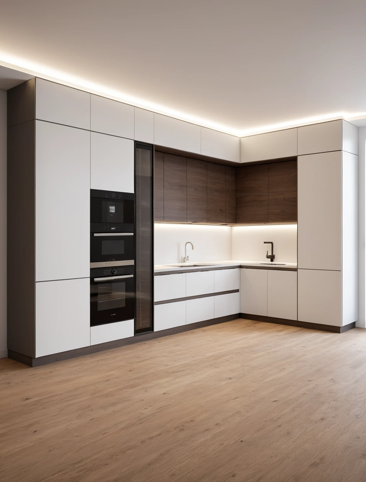 Raw photo,Masterpiece, high quality, best quality, authentic, super detail, interior , sunset, daylight, Kitchen Cabinets style minimalist, Induction cooker, sink, faucet, oven, built-in microwave, wooden floor, hood, wine cabinet, ((wooden and white tones))