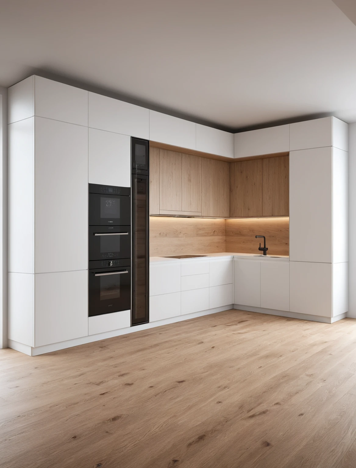 Raw photo,Masterpiece, high quality, best quality, authentic, super detail, interior , sunset, daylight, Kitchen Cabinets style minimalist, Induction cooker, sink, faucet, oven, built-in microwave, wooden floor, hood, wine cabinet, ((wooden and white tones))