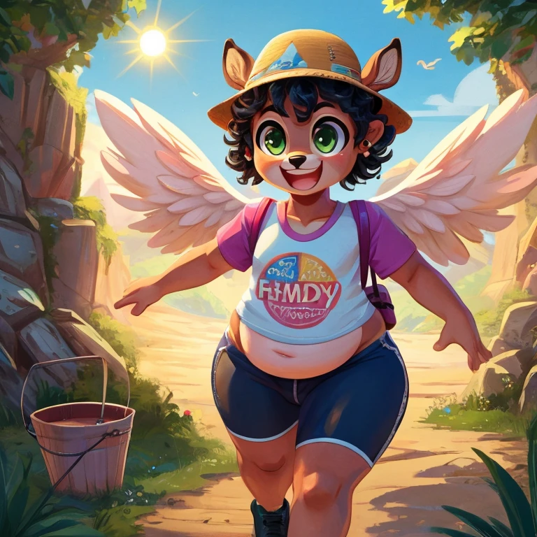 Cute, deer boy, small deer antlers, innocent, chubby, fat, big thighs, androgynous, femboy, short curly hair, black hair, fawn spots, freakles, ((cute)), smiling, wearing cottage core outfit, pastel color scheme, young, cartoony, adorable, deer tail, moss green eyes, angel wings, dynamic pose, excited pose, energetic pose, happy pose, summer, summer weather, summer clothes, sun, wearing a lightweight graphic tee with a fun summer slogan or print with biker shorts and white slip-ons with a bucket hat and simple stud earrings and a few rings along with a mini backpack and aviator sunglasses, walking through the woods, hiking,