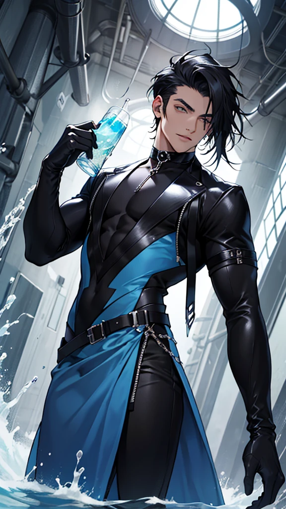 Skinny gay man, cute face, tan skin, lattin, clothing, goth, futuristic blue dress, long gloves, long black hair, fashion, water godess