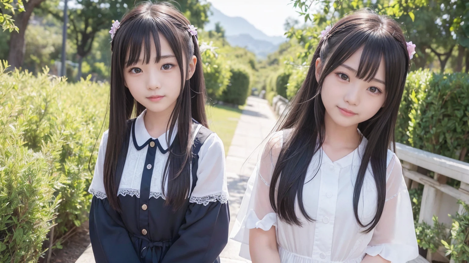 ((Attention to detail)),(Super detailed), 非常に詳細な CG ユニティ 8K 壁紙, beautiful girl,((Two people)), Highest quality, 8K, (((11 years old)))、girl、Long straight hair、Summer outfit、((Happy smile))、Bust Shot、(sea)、