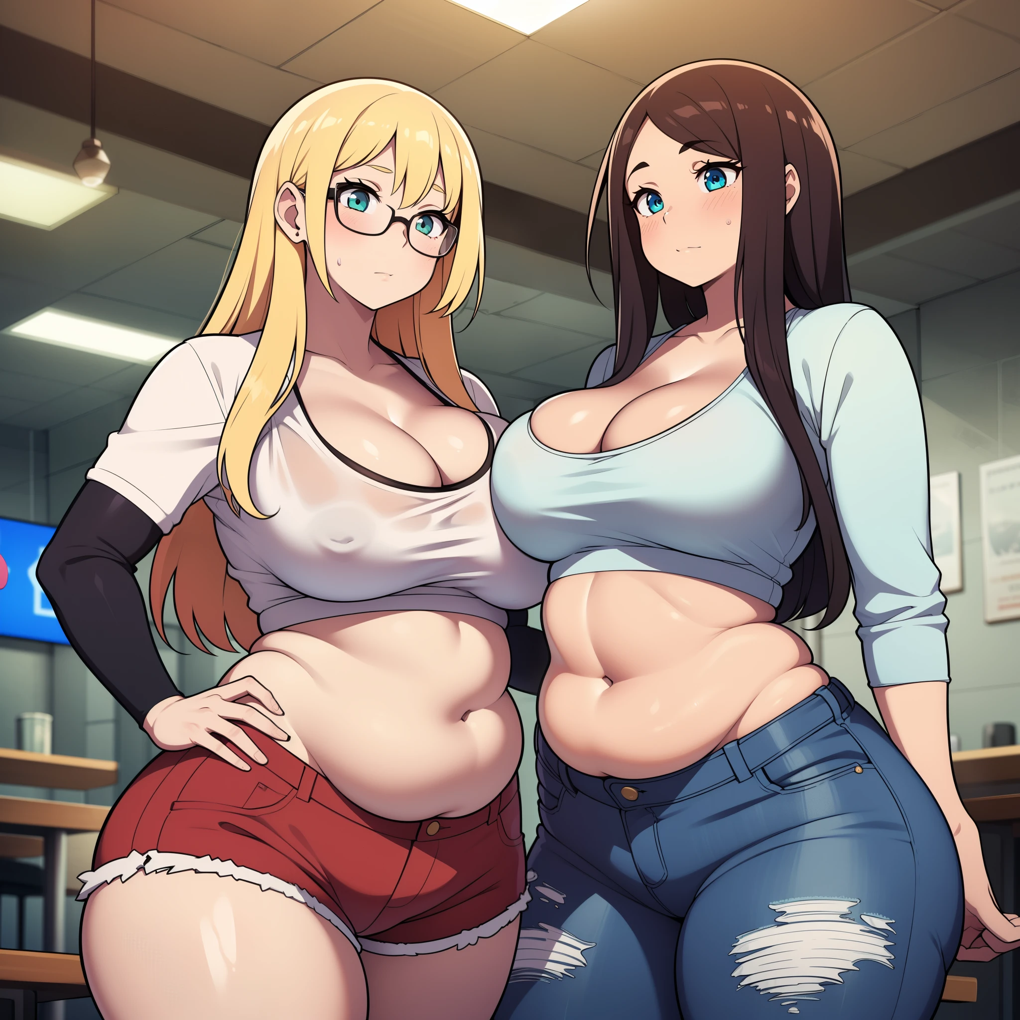 ((highres)), Masterpiece, high quality, best quality, beautiful, perfect lighting, detailed face, ultra cute face, ((2girls)), blush, one girl has blonde hair, blue eyes, crop top and shorts, one girl has brown hair, green eyes, jeans, white shirt, fast food restaurant, cleavage, medium breasts, ((wide hips)), (thick thighs), ((chubby)), chubby belly, belly grab, fat folds, standing next to each other,