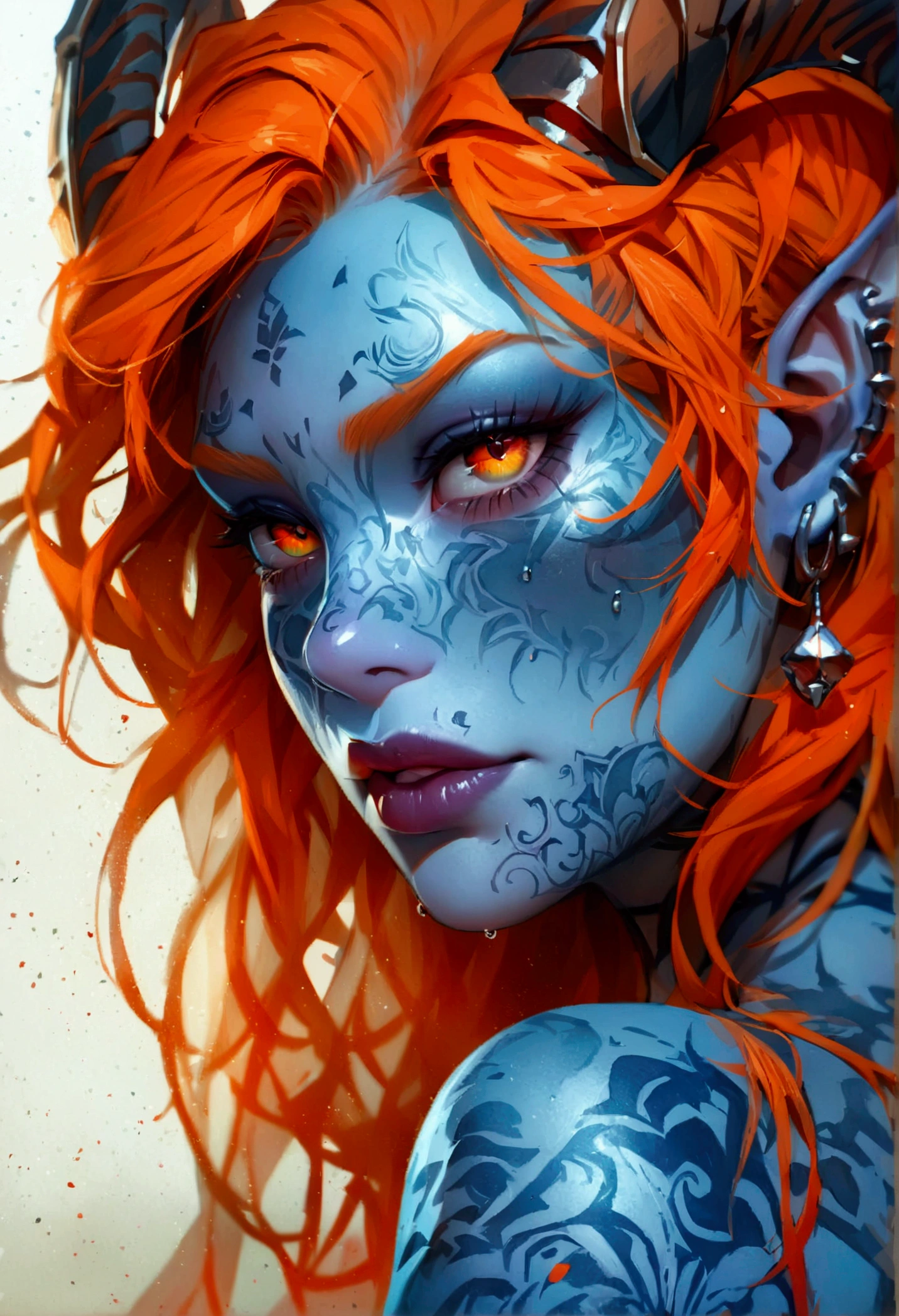 (((masterpiece))), (((best quality: 1.4))), ((super detail: 1.4)) , Highly detailed gouache painting of a female Tiefling, Gorgeous exotic features, Amber Neon Eyes:1.5, orange hair, Highly detailed facial features, A face full of expression, detailed texture, blue skin tone, Tattoo, Natural Skin Shader, volume, There is a warm tone under her skin, ultra high resolution