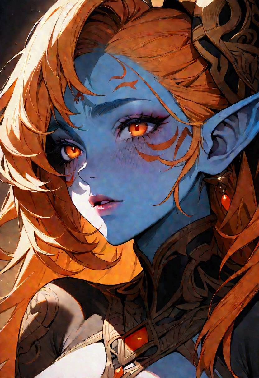 (((masterpiece))), (((best quality: 1.4))), ((super detail: 1.4)) , Highly detailed gouache painting of a female Tiefling, Gorgeous exotic features, Amber Neon Eyes:1.5, orange hair, Highly detailed facial features, A face full of expression, detailed texture, blue skin tone, Tattoo, Natural Skin Shader, volume, There is a warm tone under her skin, ultra high resolution
