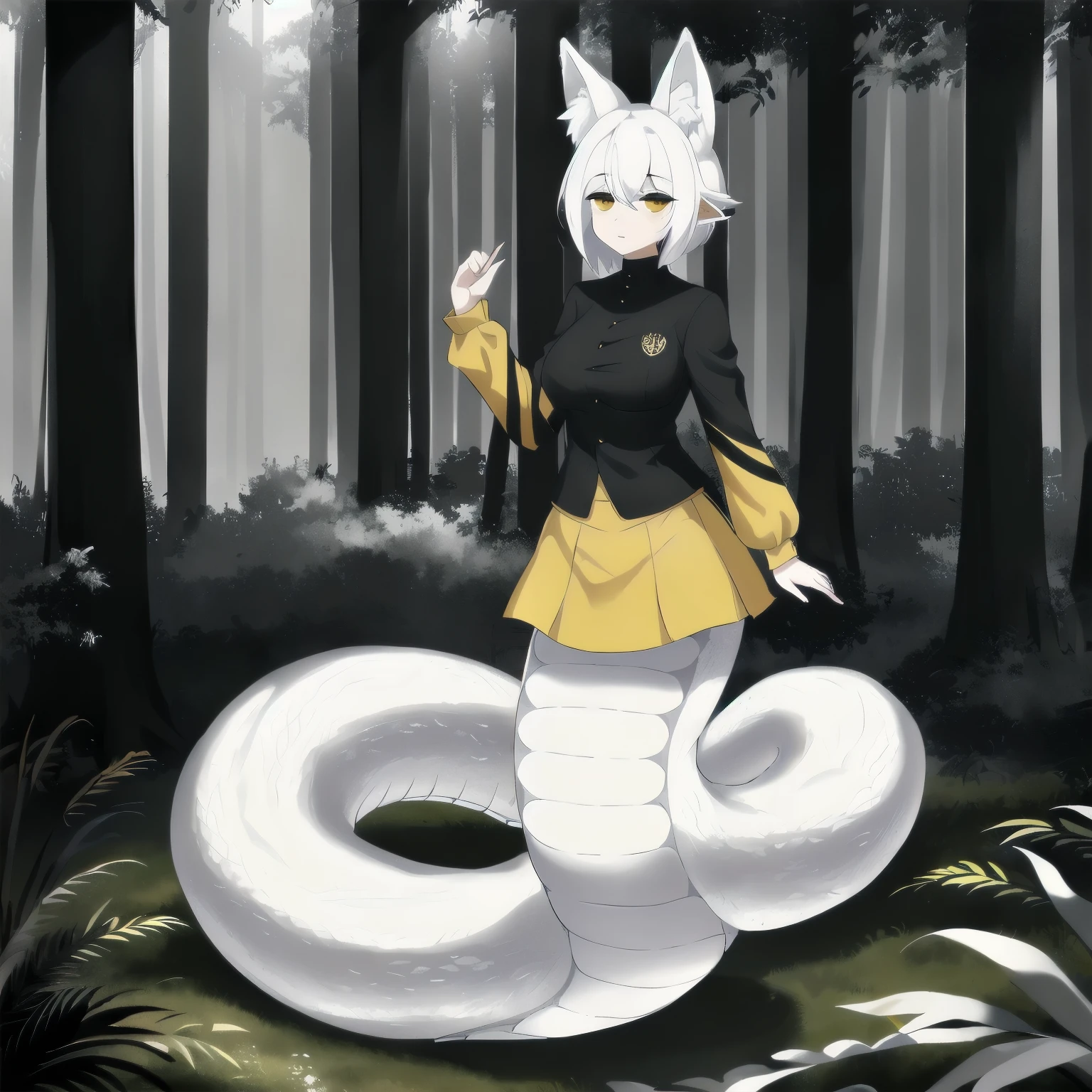 1girl, white hair, fox ears, lamia, (((white scales))), tail, standing, short hair, 4k, 8k, 16k, high-res best quality, masterpiece, wallpaper, full body, ((forest)), (black shirt), (yellow jacket), (white mini skirt), 