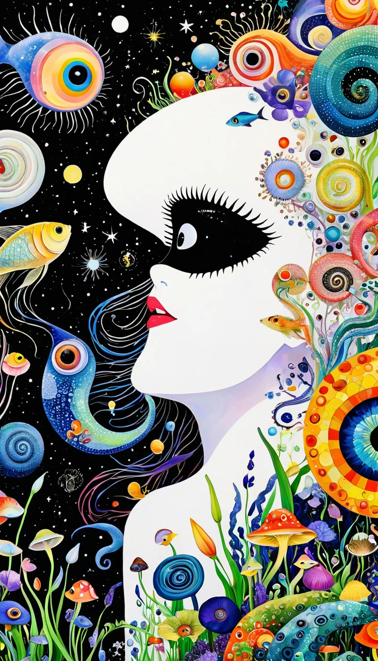 1snails小屋,Artists from the stars,Colorful black,A world of color,Dopamine,mouth,A cloud、snails、iris、fish、Tentacles、bird、Eye、diatom,Abstract mosaic painting,Describing the inner world of autistic people,Sense of space,White Space,interesting,Innocence,Psychedelic Art,Black overall