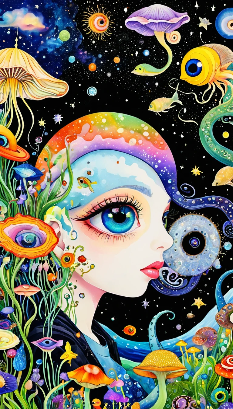 1snails小屋,Artists from the stars,Colorful black,A world of color,Dopamine,mouth,A cloud、snails、iris、fish、Tentacles、bird、Eye、diatom,Abstract mosaic painting,Describing the inner world of autistic people,Sense of space,White Space,interesting,Innocence,Psychedelic Art,Black overall