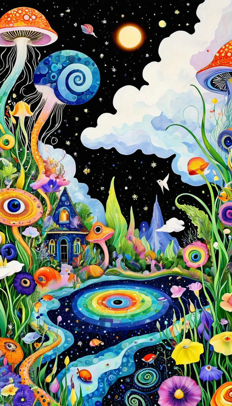 1snails小屋，Artists from the stars，Colorful black，A world of color，Dopamine，mouth，A cloud、snails、iris、fish、Tentacles、bird、Eye、diatom，Abstract mosaic painting，Describing the inner world of autistic people，Sense of space，White Space，interesting，Innocence，Psychedelic Art，Black overall