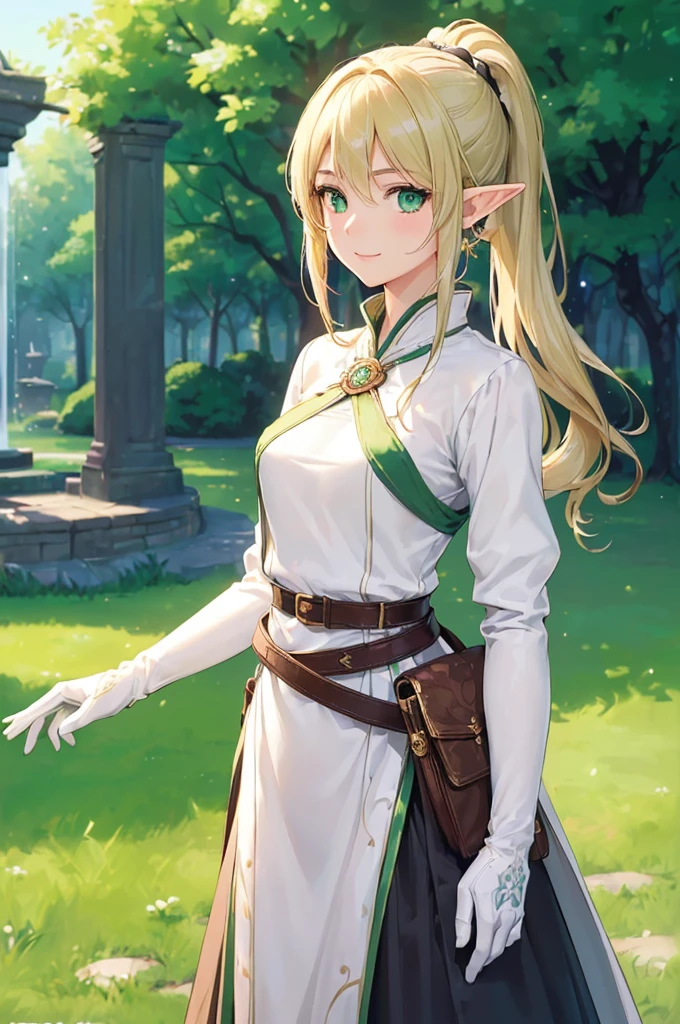 (((masterpiece; best quality: 1.2))), (finely detailed eyes: 1.3), (25 year old elf woman), (solo), (green eyes: 1.4), (body; lithe, fit, femenine: 1.3), (silky blonde hair + low ponytail: 1.3), (beautiful and clear background: 1.2), ((depth of field)), (equipment: adventurer attire + modest + long white tunic-coat + black longskirt + gloves + belt + pouches: 1.3), (anime illustration: 1.2), (background composition; royal garden: 1.1), (extremely fine and beautiful: 1.1), (shot composition; standing + centered on torso + close-up: 1.5), (expression; calm, smile: 1.2)