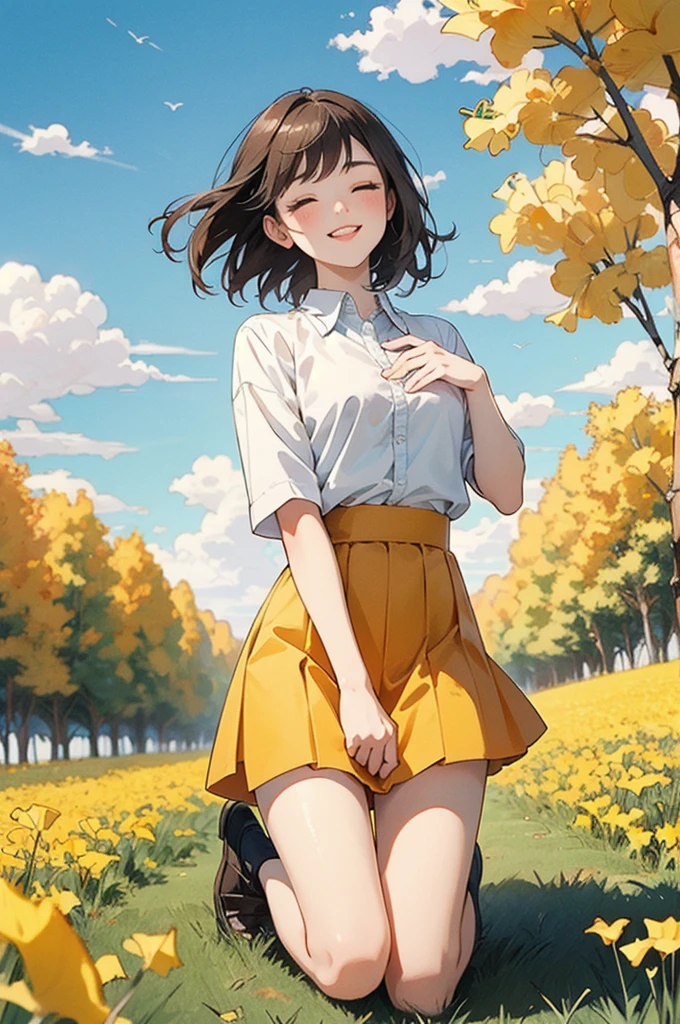 1 Girl, Brown Hair, Wearing an orange skirt, Towards the blue sky, close your eyes, smile, Surrounded by yellow wheat fields, Yellow ginkgo trees floating in the sky, White clouds in the blue sky, Manga style, high quality, High resolution, look up, Three-point perspective, Deep Knee