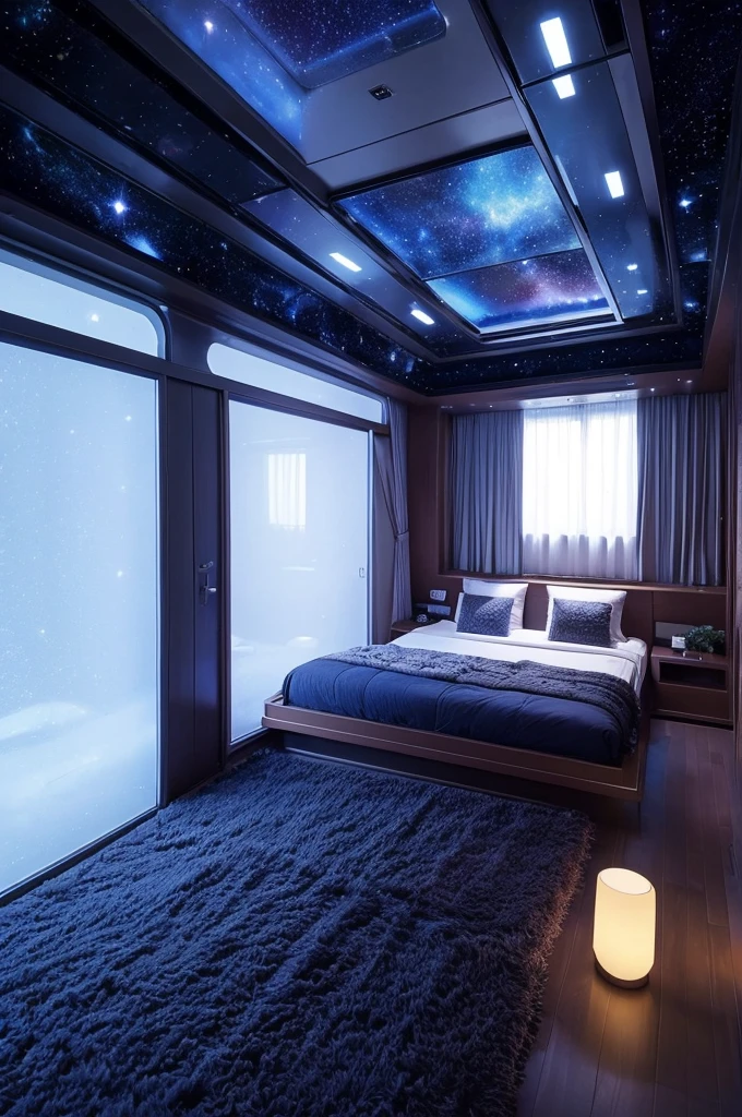 Spaceship、You can see the space scenery from the window、A window on the ceiling offers a view of the dim starscape of space.、There is a big bed that is over 2 meters long.、carpet、You can see the living room in the back、A spacious bedroom with indirect lighting、Image Generation、