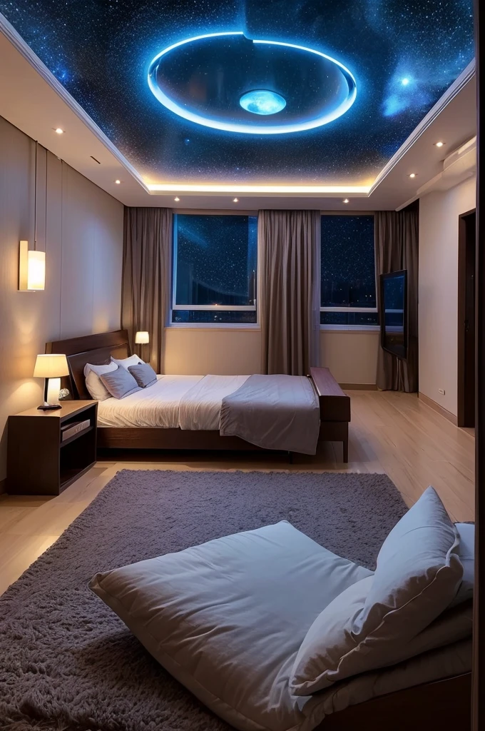 Spaceship、You can see the space scenery from the window、A window on the ceiling offers a view of the dim starscape of space.、There is a big bed that is over 2 meters long.、carpet、You can see the living room in the back、A spacious bedroom with indirect lighting、Image Generation、