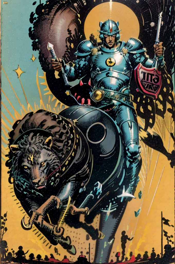 black man riding a lion, wearing bronze armor, battle pose, holding sword and shield, obra prima ultra high quality